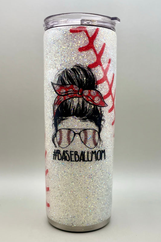 Messy Bun Baseball Mom Glitter Tumbler