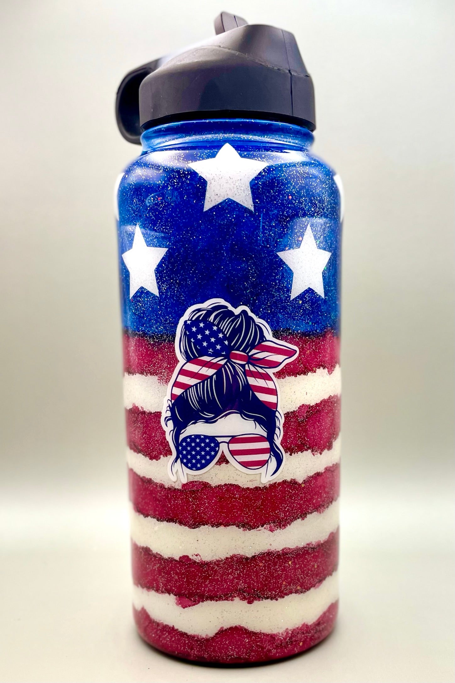 All American Messy Bun Flag Girl Glitter Tumbler