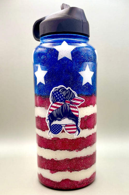 All American Messy Bun Flag Girl Glitter Tumbler