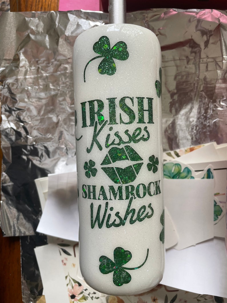 Irish Kisses Shamrock Wishes Glitter Tumbler